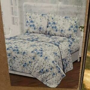 Tree Organic 2000 Series Queen Sheet Set 100% Organic Cotton Blue Floral 4pc NEW